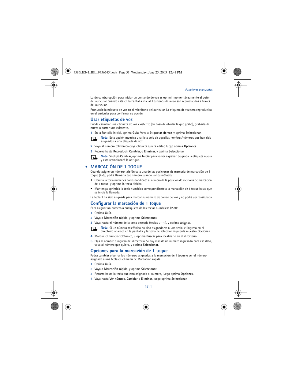 Usar etiquetas de voz, Marcación de 1 toque, Configurar la marcación de 1 toque | Opciones para la marcación de 1 toque | Nokia 3586I User Manual | Page 155 / 200