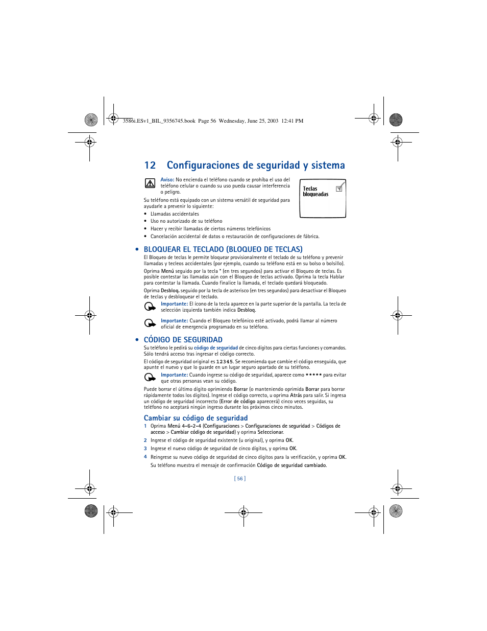 12 configuraciones de seguridad y sistema, Bloquear el teclado (bloqueo de teclas), Código de seguridad | Cambiar su código de seguridad | Nokia 3586I User Manual | Page 160 / 200