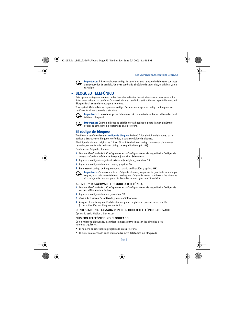 Bloqueo telefónico, El código de bloqueo | Nokia 3586I User Manual | Page 161 / 200