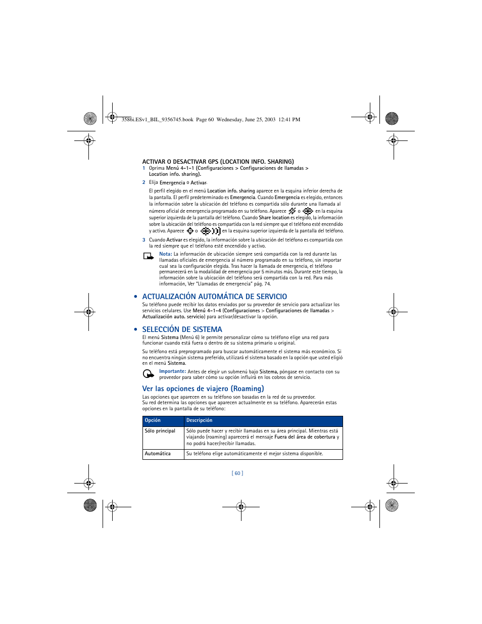 Actualización automática de servicio, Selección de sistema, Ver las opciones de viajero (roaming) | Nokia 3586I User Manual | Page 164 / 200