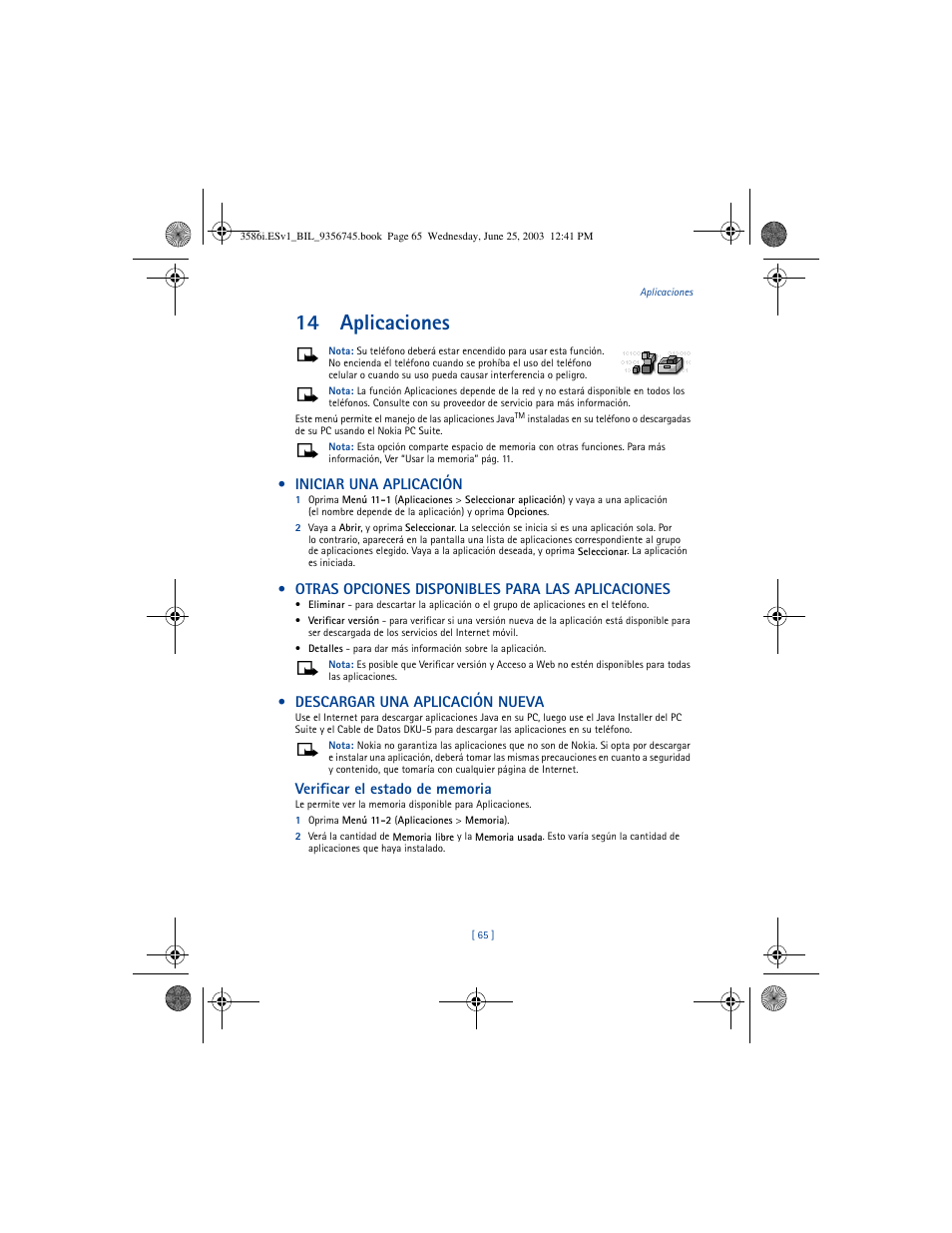 14 aplicaciones, Iniciar una aplicación, Otras opciones disponibles para las aplicaciones | Descargar una aplicación nueva | Nokia 3586I User Manual | Page 169 / 200
