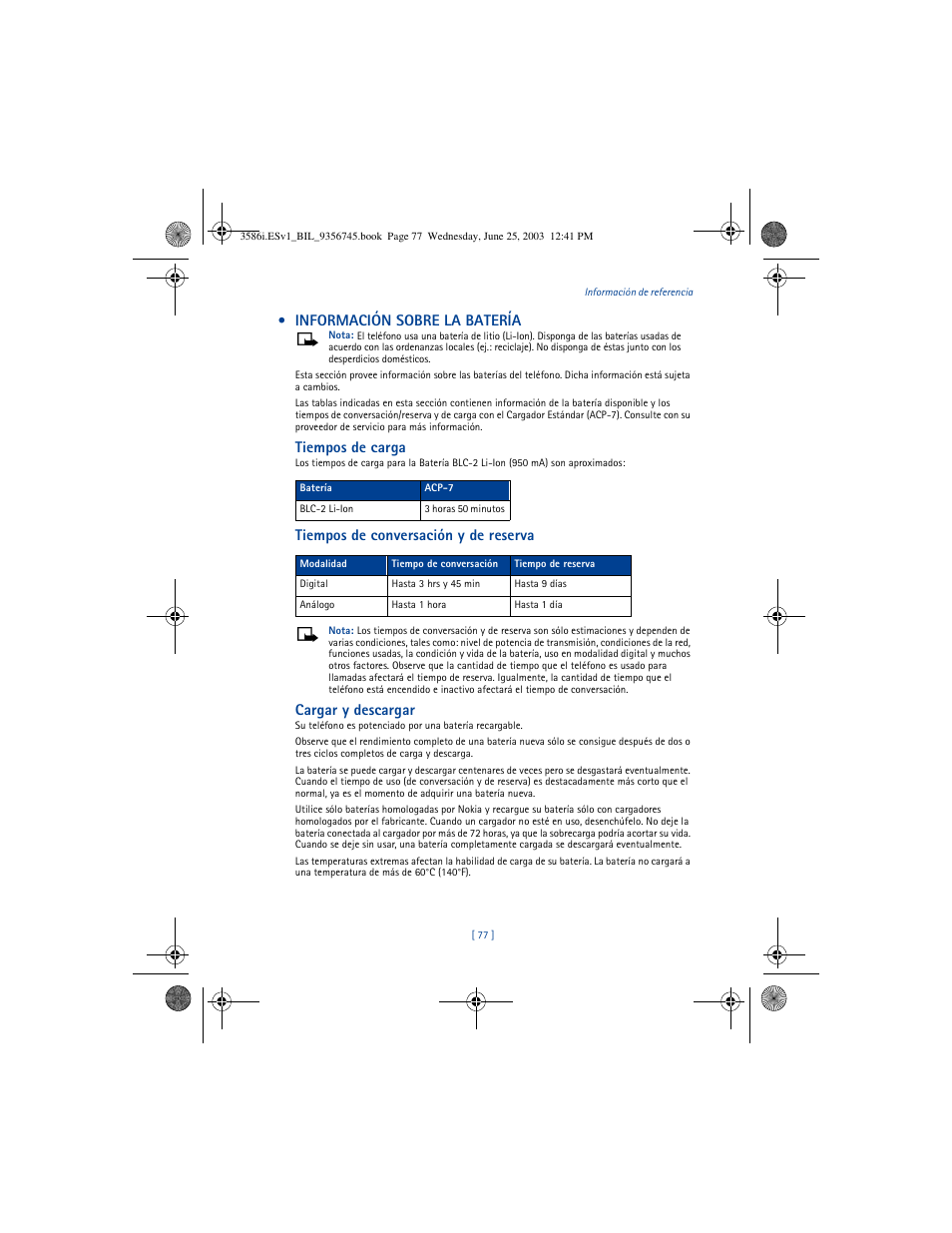 Información sobre la batería, Tiempos de carga, Tiempos de conversación y de reserva | Cargar y descargar | Nokia 3586I User Manual | Page 181 / 200