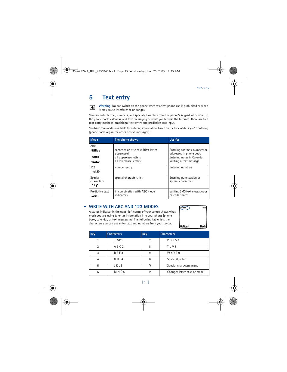 5text entry, Write with abc and 123 modes | Nokia 3586I User Manual | Page 19 / 200