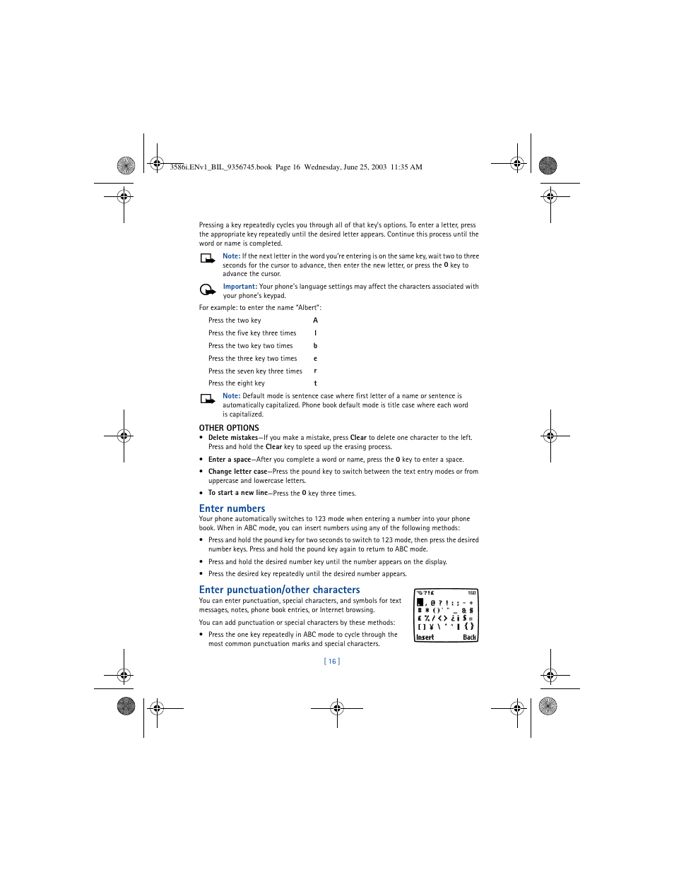 Enter numbers, Enter punctuation/other characters | Nokia 3586I User Manual | Page 20 / 200