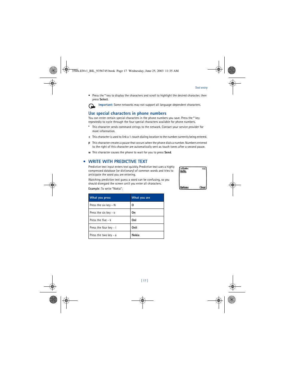 Use special characters in phone numbers, Write with predictive text | Nokia 3586I User Manual | Page 21 / 200