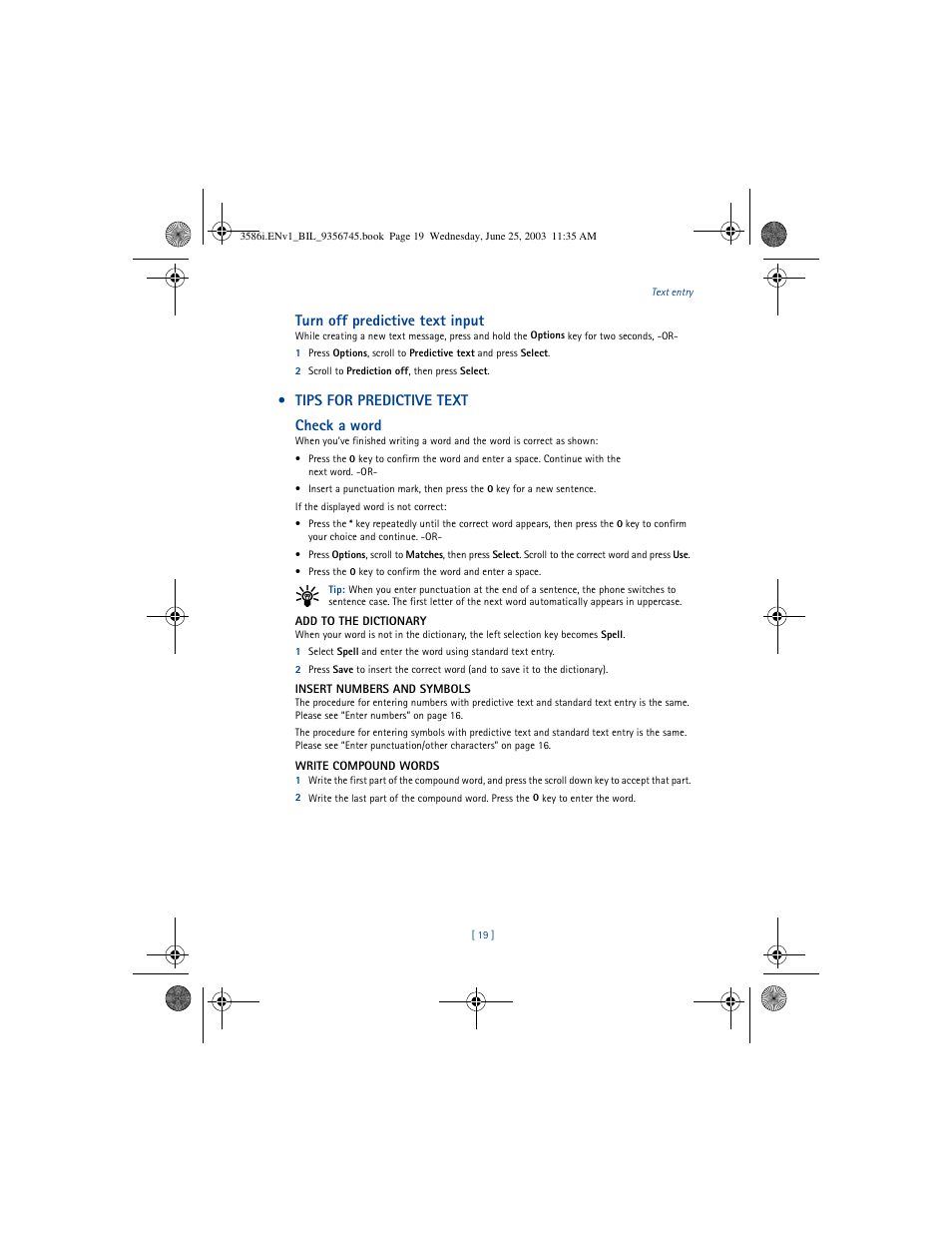 Turn off predictive text input, Tips for predictive text check a word | Nokia 3586I User Manual | Page 23 / 200