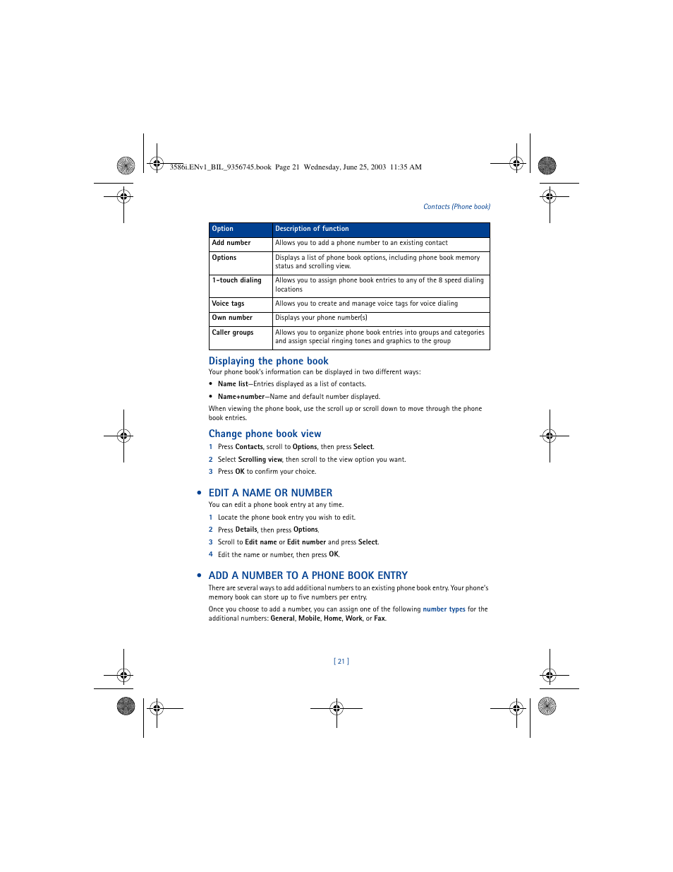 Displaying the phone book, Change phone book view, Edit a name or number | Add a number to a phone book entry | Nokia 3586I User Manual | Page 25 / 200