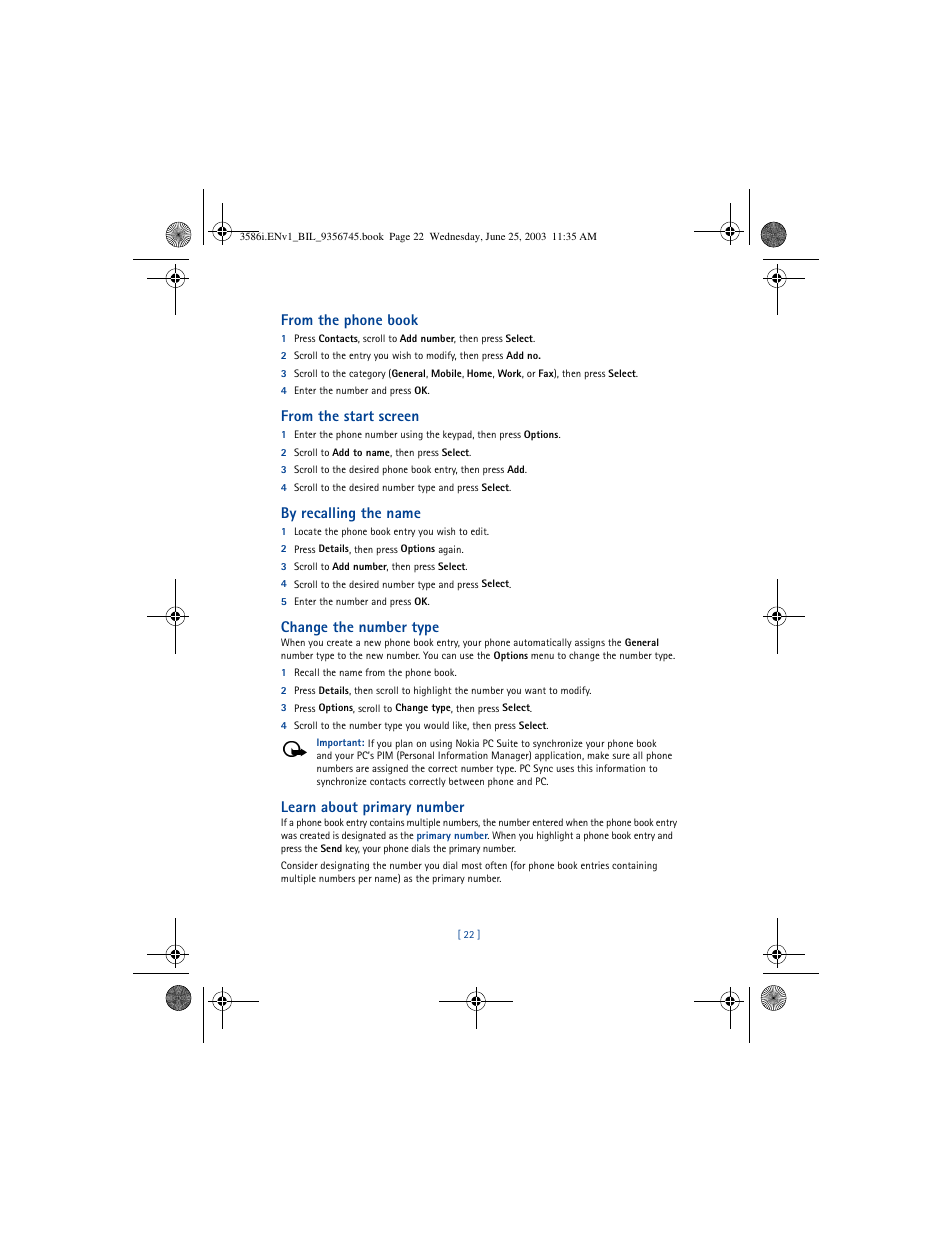 By recalling the name, Change the number type, Learn about primary number | Nokia 3586I User Manual | Page 26 / 200