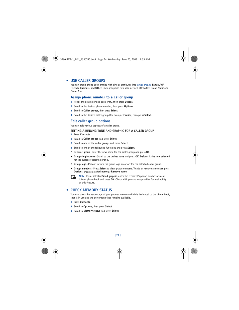 Use caller groups, Assign phone number to a caller group, Edit caller group options | Nokia 3586I User Manual | Page 28 / 200