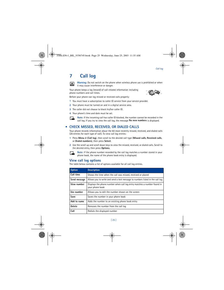 7call log, Check missed, received, or dialed calls, View call log options | Nokia 3586I User Manual | Page 29 / 200