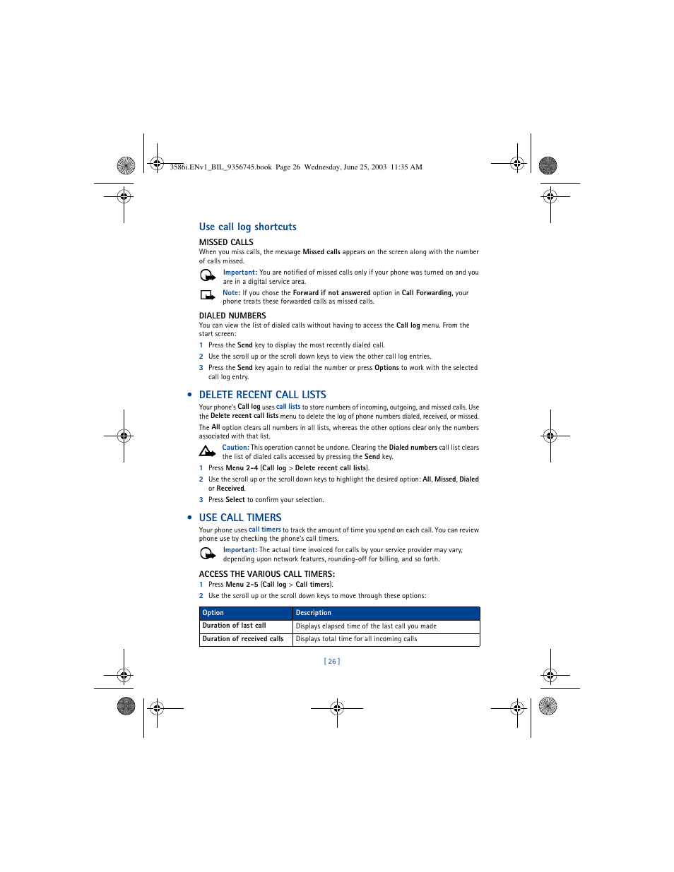 Use call log shortcuts, Delete recent call lists, Use call timers | Nokia 3586I User Manual | Page 30 / 200