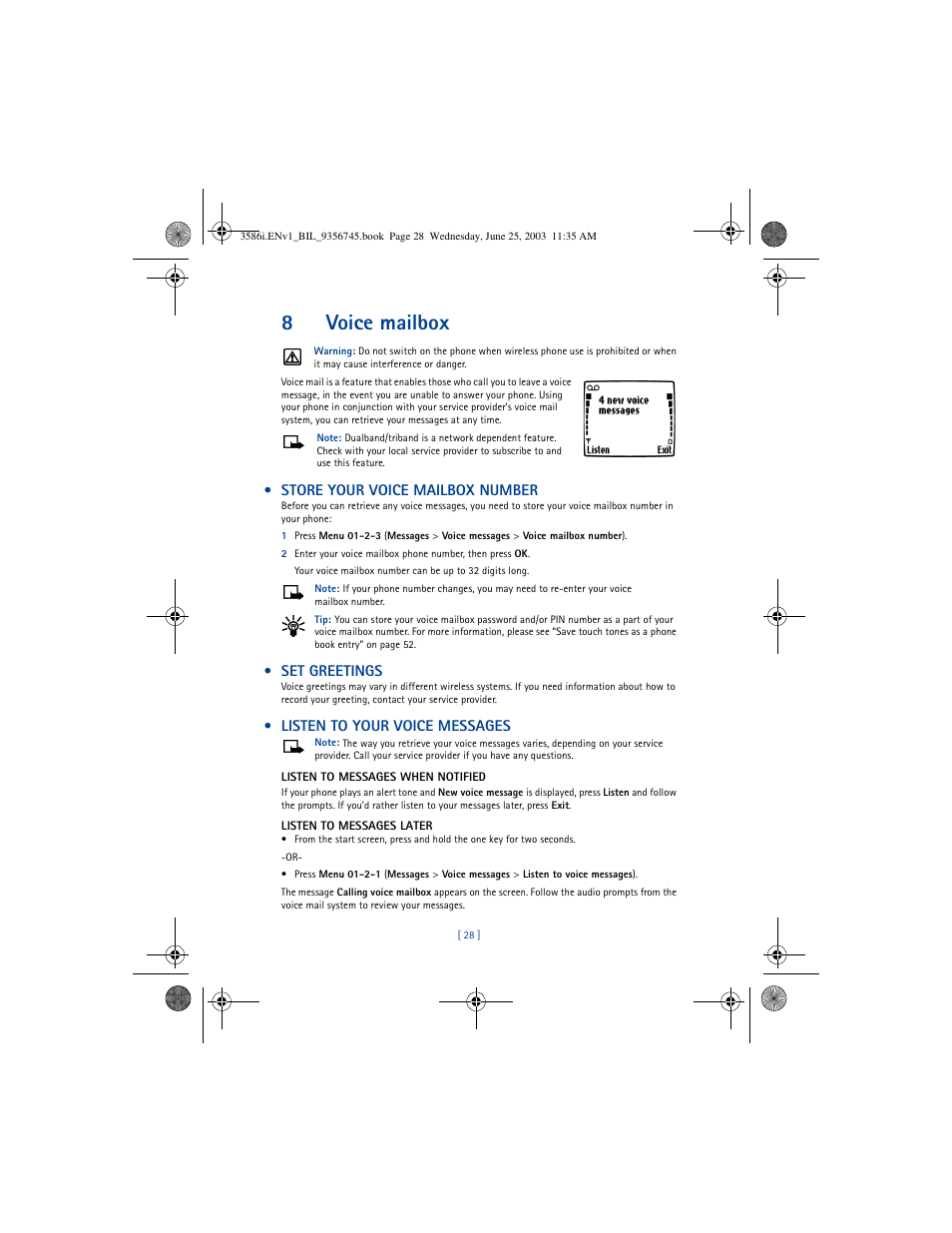 8voice mailbox, Store your voice mailbox number, Set greetings | Listen to your voice messages | Nokia 3586I User Manual | Page 32 / 200