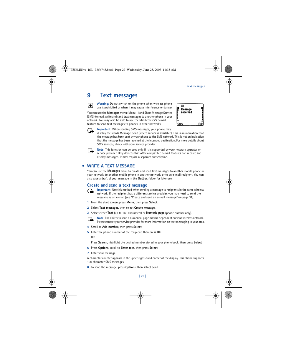 9text messages, Write a text message, Create and send a text message | Nokia 3586I User Manual | Page 33 / 200
