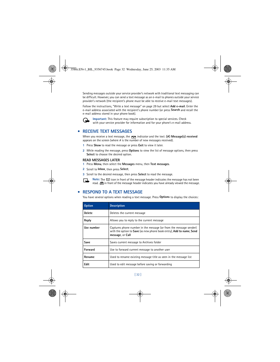 Receive text messages, Respond to a text message | Nokia 3586I User Manual | Page 36 / 200