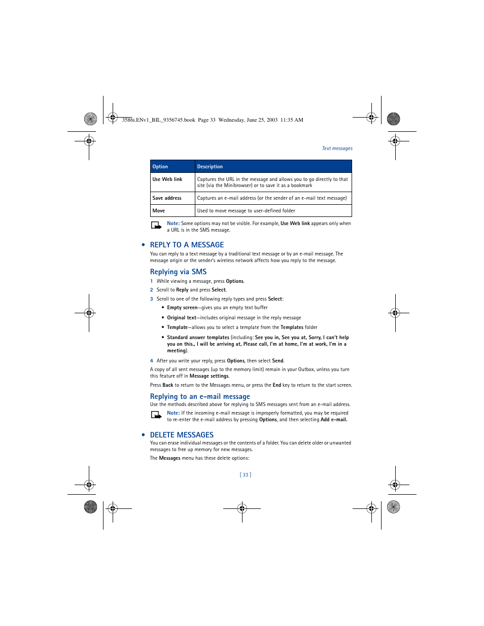 Reply to a message, Replying via sms, Replying to an e-mail message | Delete messages | Nokia 3586I User Manual | Page 37 / 200