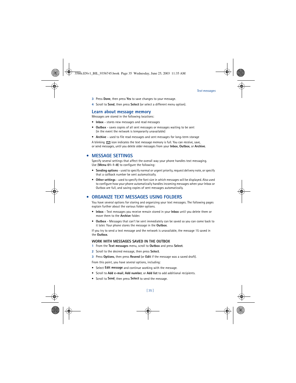 Message settings, Organize text messages using folders | Nokia 3586I User Manual | Page 39 / 200