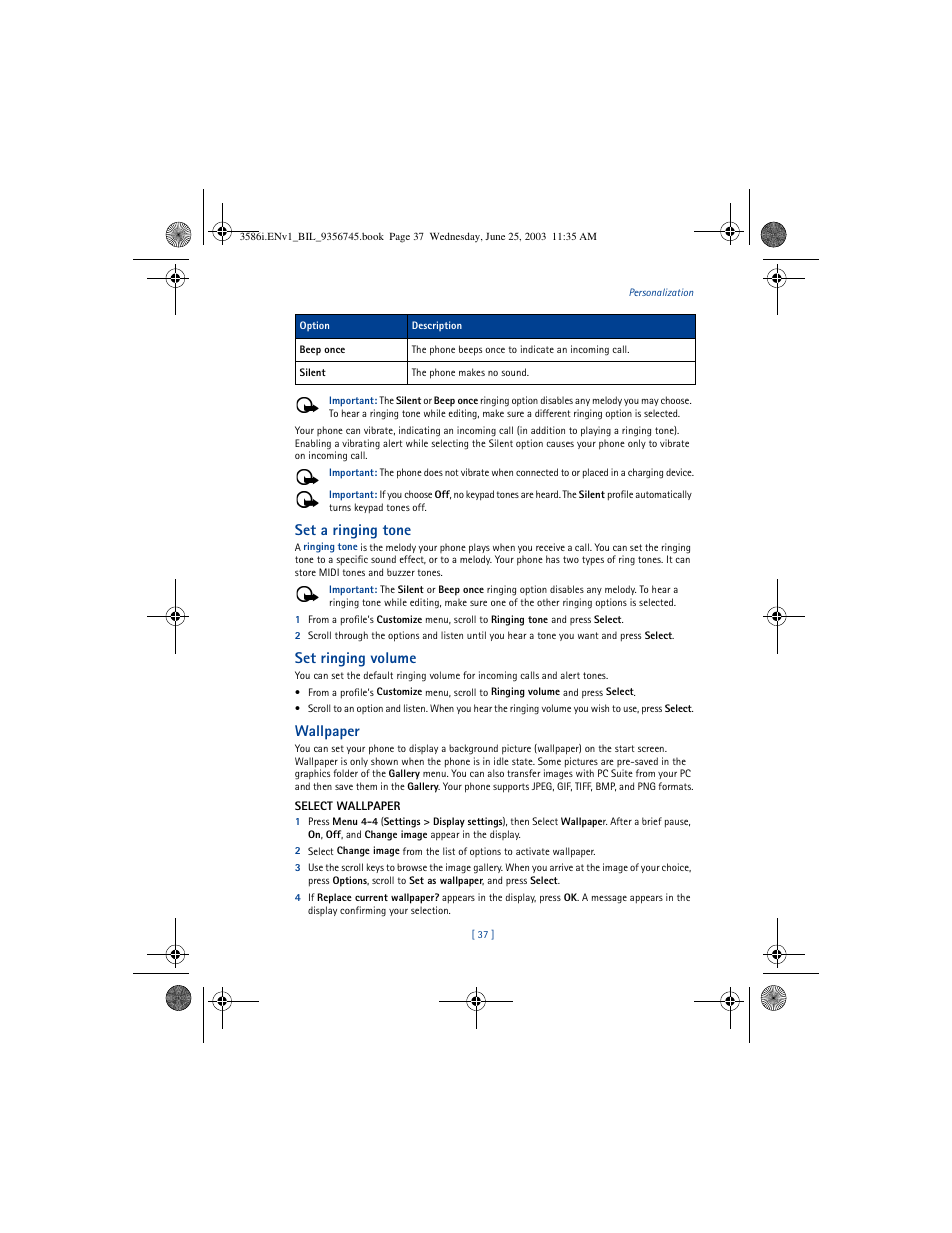 Set a ringing tone, Set ringing volume, Wallpaper | Nokia 3586I User Manual | Page 41 / 200