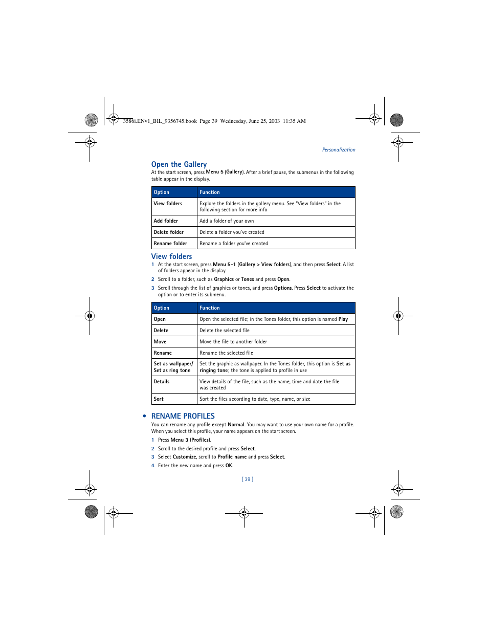 Open the gallery, View folders, Rename profiles | Nokia 3586I User Manual | Page 43 / 200