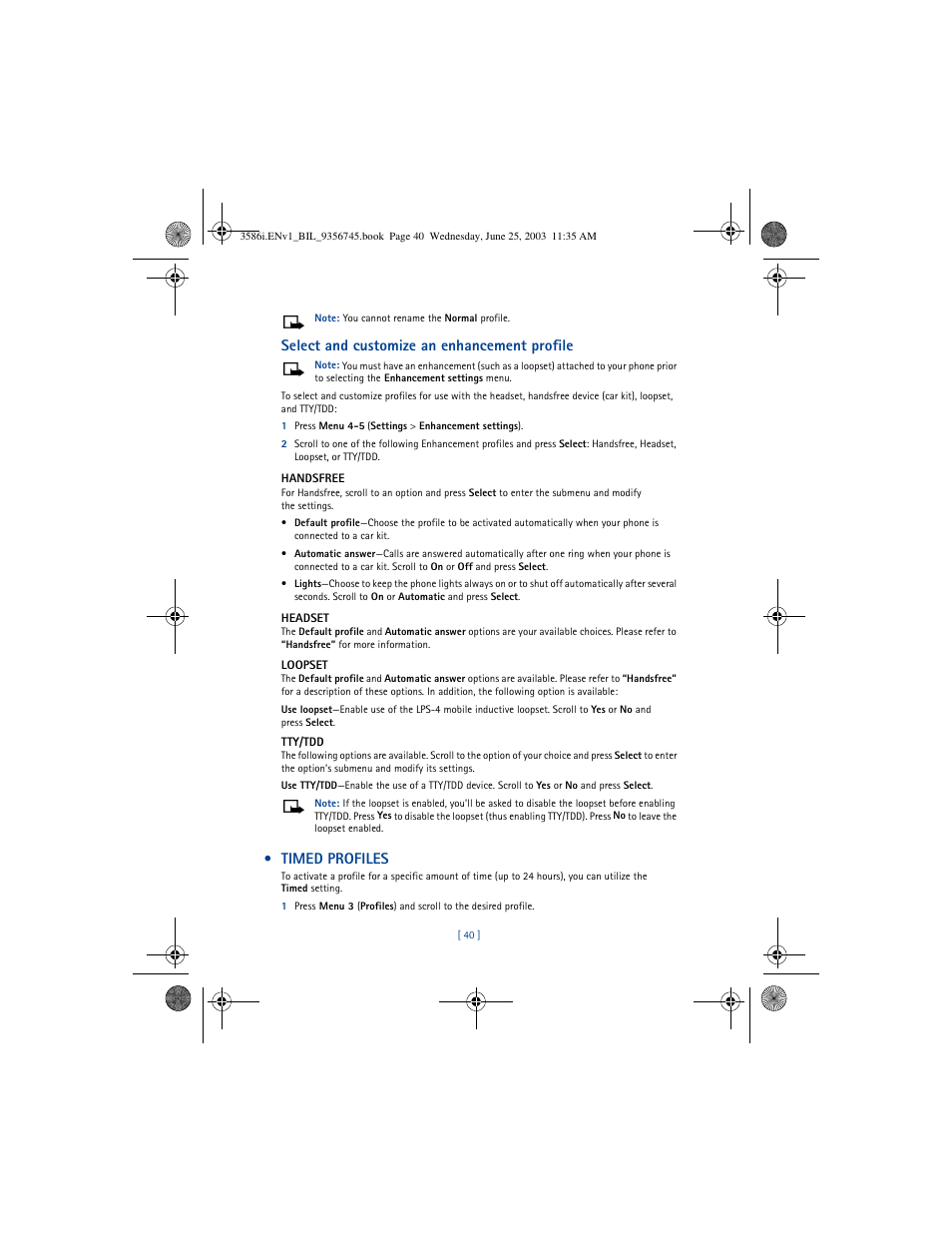 Select and customize an enhancement profile, Timed profiles | Nokia 3586I User Manual | Page 44 / 200