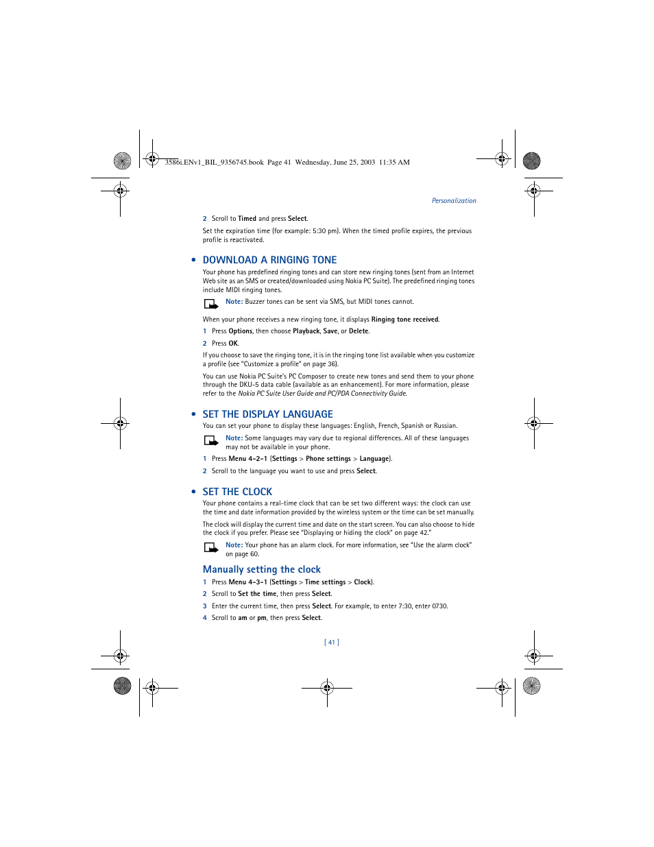 Download a ringing tone, Set the display language, Set the clock | Manually setting the clock | Nokia 3586I User Manual | Page 45 / 200