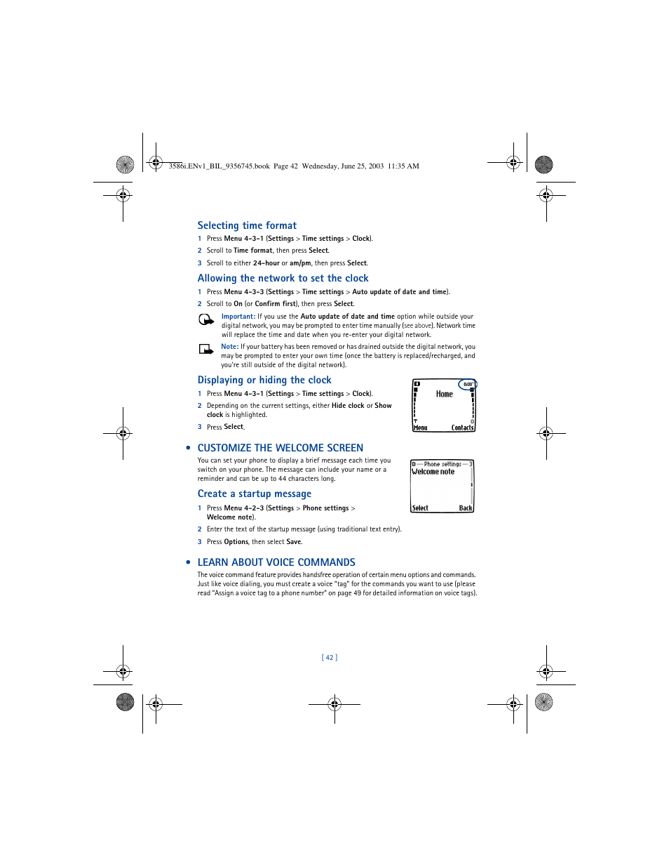 Selecting time format, Allowing the network to set the clock, Displaying or hiding the clock | Customize the welcome screen, Create a startup message, Learn about voice commands | Nokia 3586I User Manual | Page 46 / 200