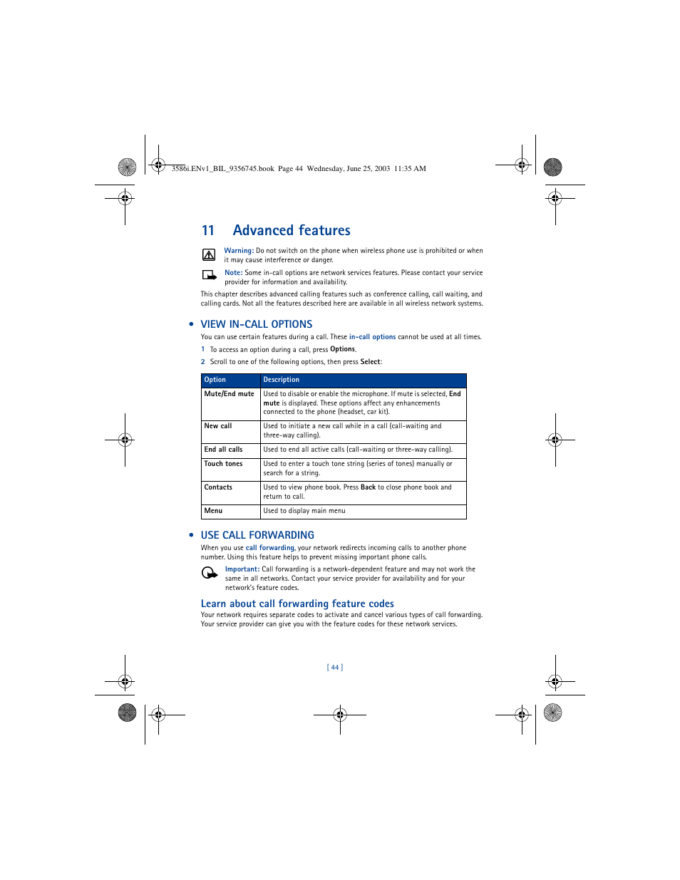 11 advanced features, View in-call options, Use call forwarding | Learn about call forwarding feature codes | Nokia 3586I User Manual | Page 48 / 200