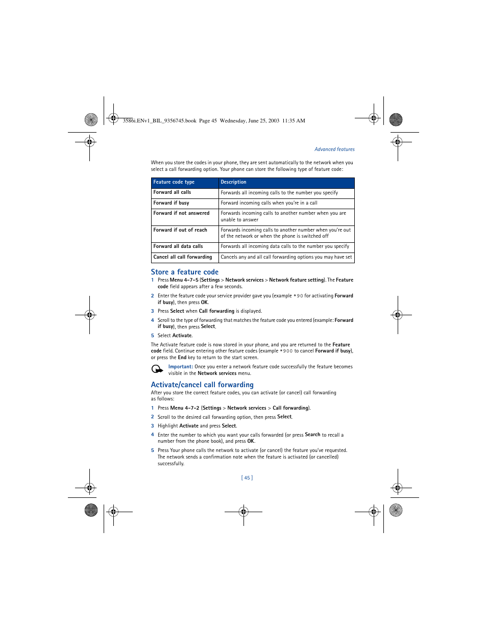 Store a feature code, Activate/cancel call forwarding | Nokia 3586I User Manual | Page 49 / 200