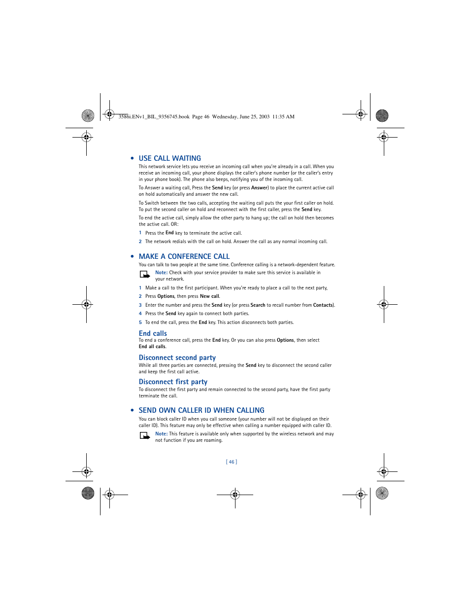 Use call waiting, Make a conference call, End calls | Disconnect second party, Disconnect first party, Send own caller id when calling | Nokia 3586I User Manual | Page 50 / 200