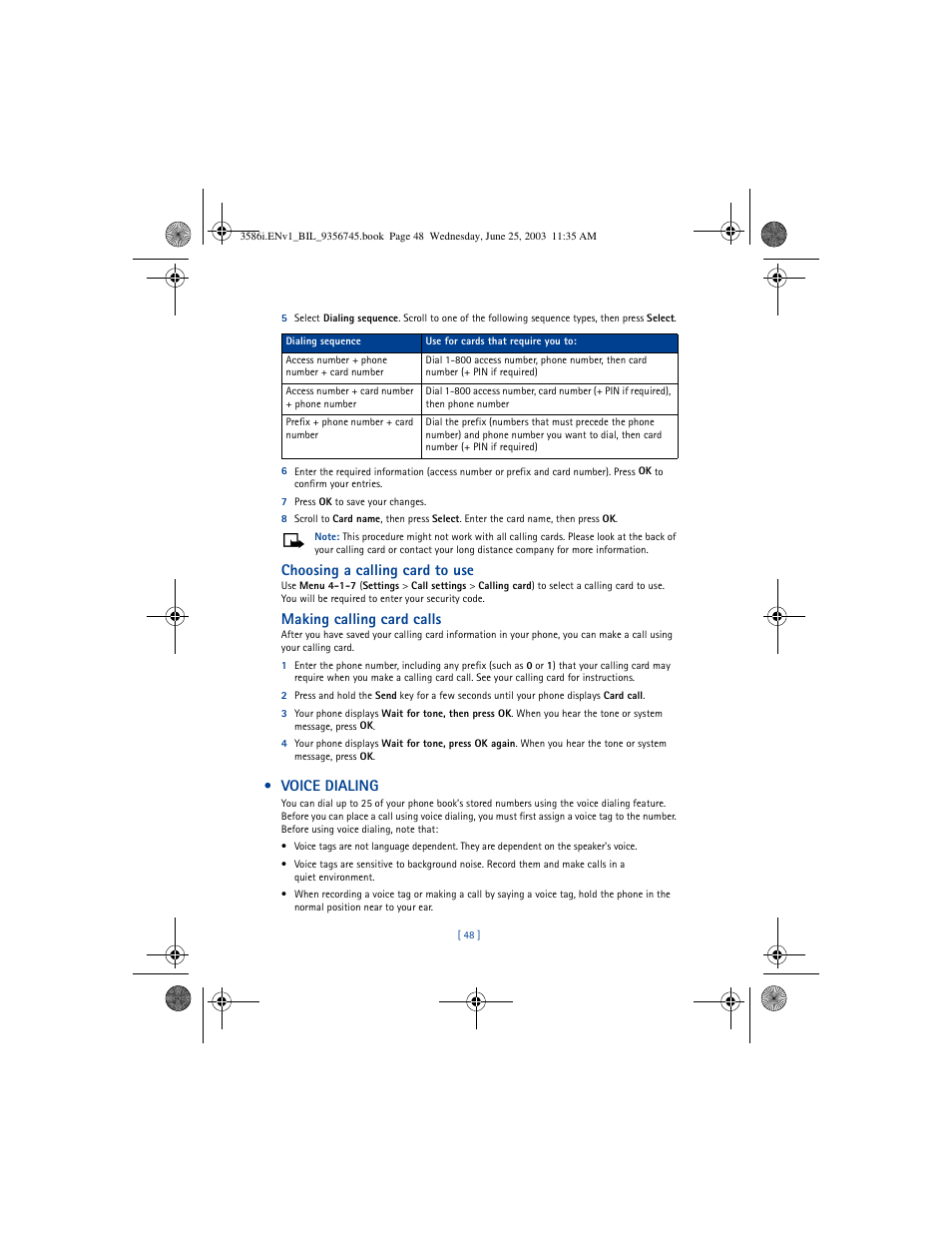 Choosing a calling card to use, Making calling card calls, Voice dialing | Nokia 3586I User Manual | Page 52 / 200