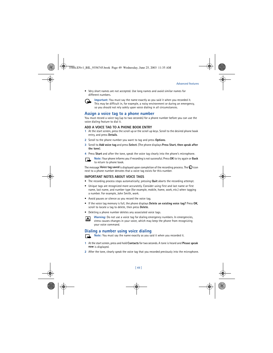 Assign a voice tag to a phone number, Dialing a number using voice dialing | Nokia 3586I User Manual | Page 53 / 200