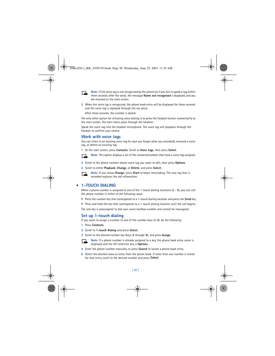 Work with voice tags, Touch dialing, Set up 1-touch dialing | Nokia 3586I User Manual | Page 54 / 200