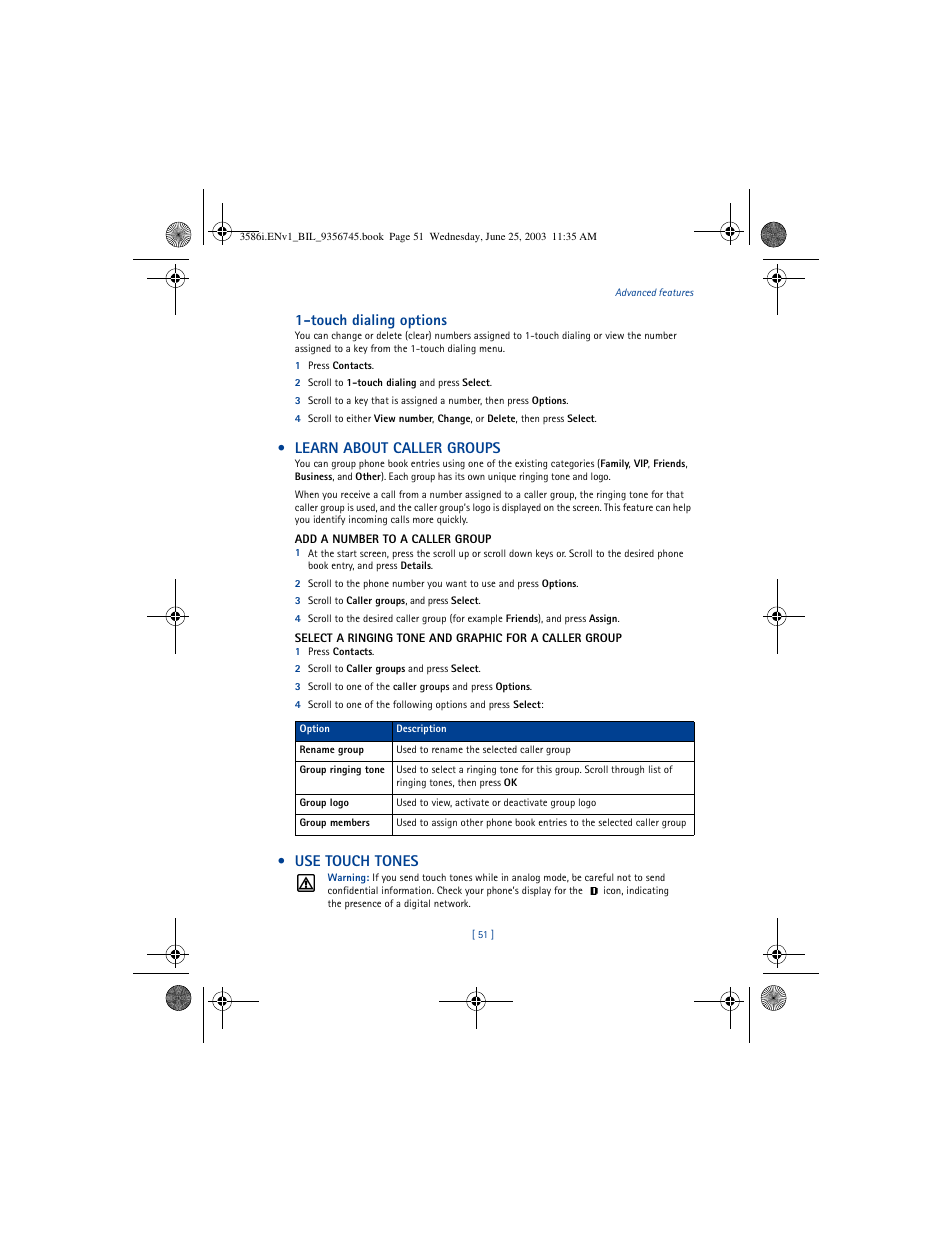 Touch dialing options, Learn about caller groups, Use touch tones | Nokia 3586I User Manual | Page 55 / 200