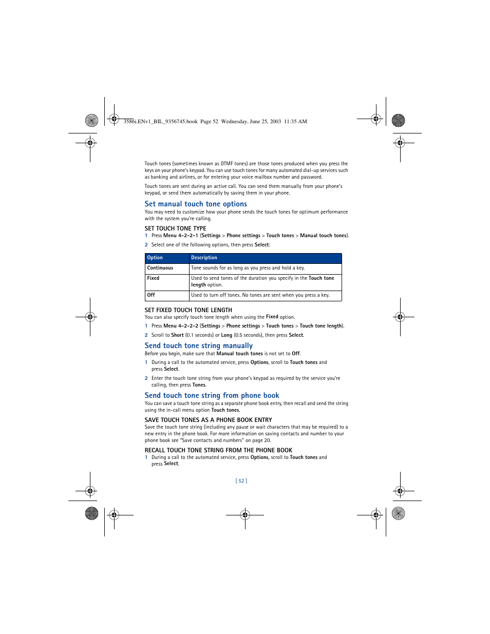 Set manual touch tone options, Send touch tone string manually, Send touch tone string from phone book | Nokia 3586I User Manual | Page 56 / 200