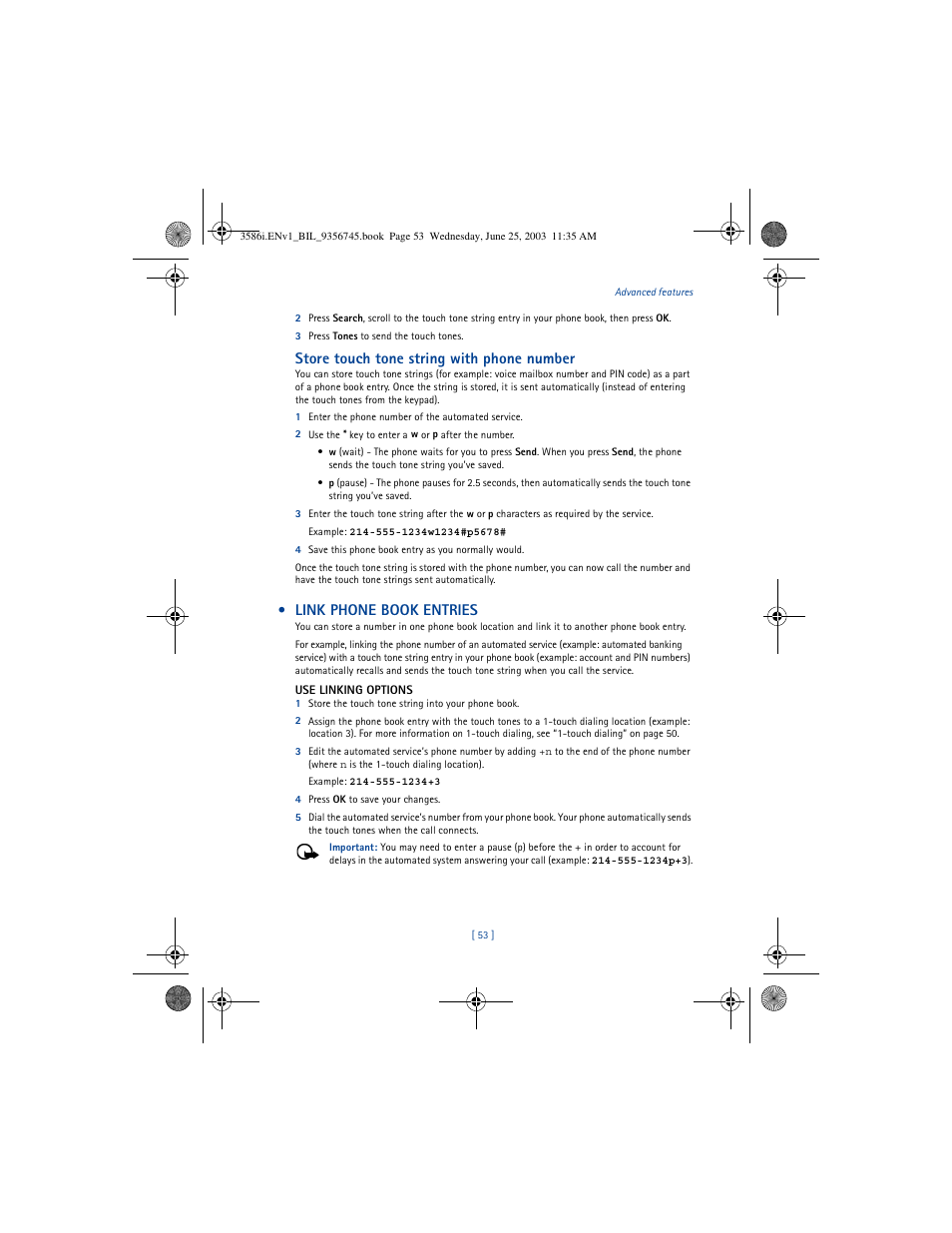 Store touch tone string with phone number, Link phone book entries | Nokia 3586I User Manual | Page 57 / 200