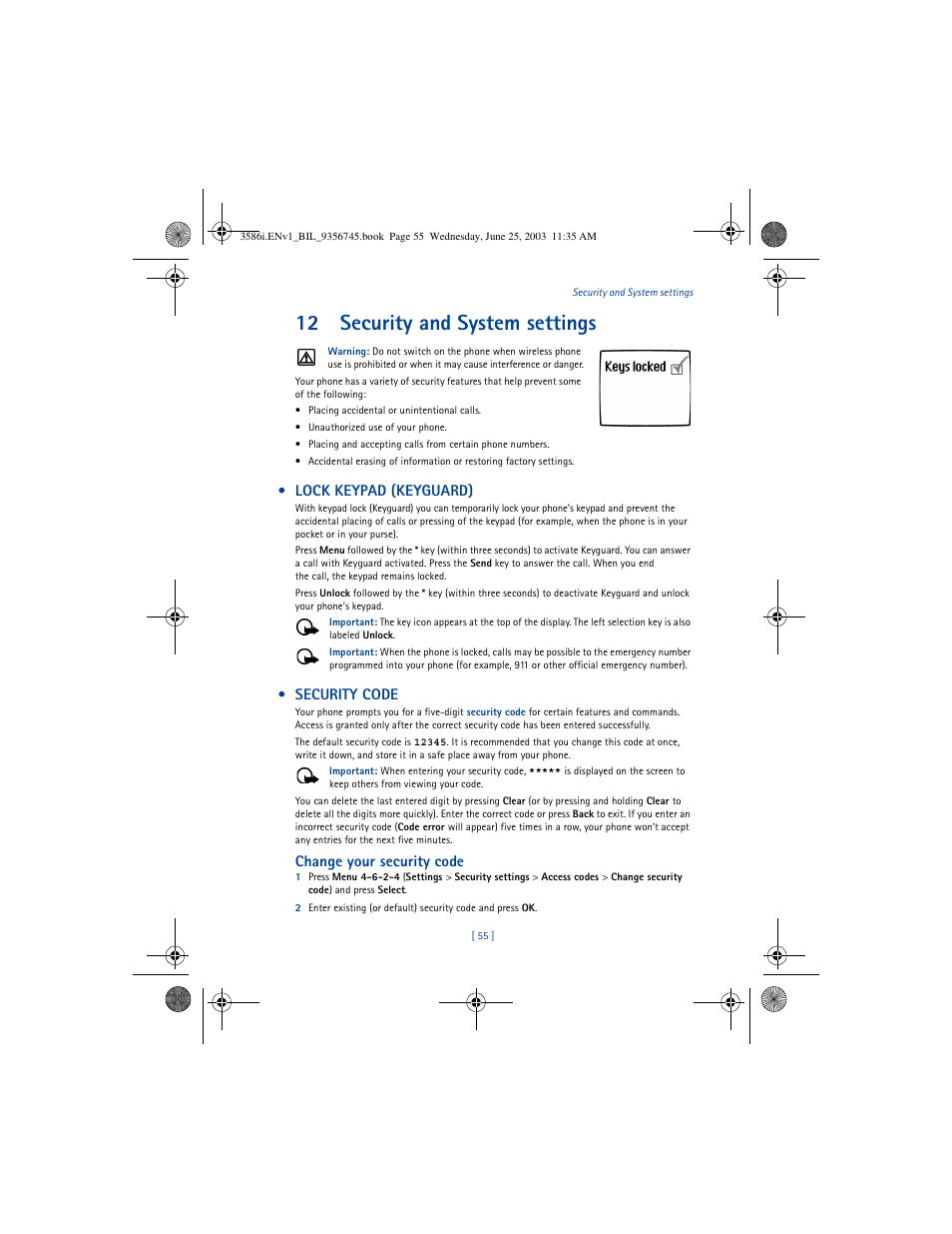 12 security and system settings, Lock keypad (keyguard), Security code | Change your security code | Nokia 3586I User Manual | Page 59 / 200