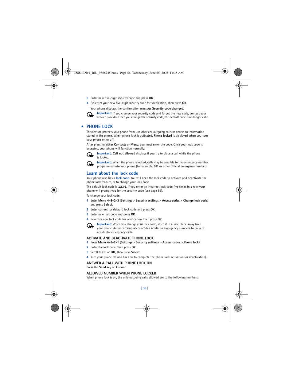 Phone lock, Learn about the lock code | Nokia 3586I User Manual | Page 60 / 200