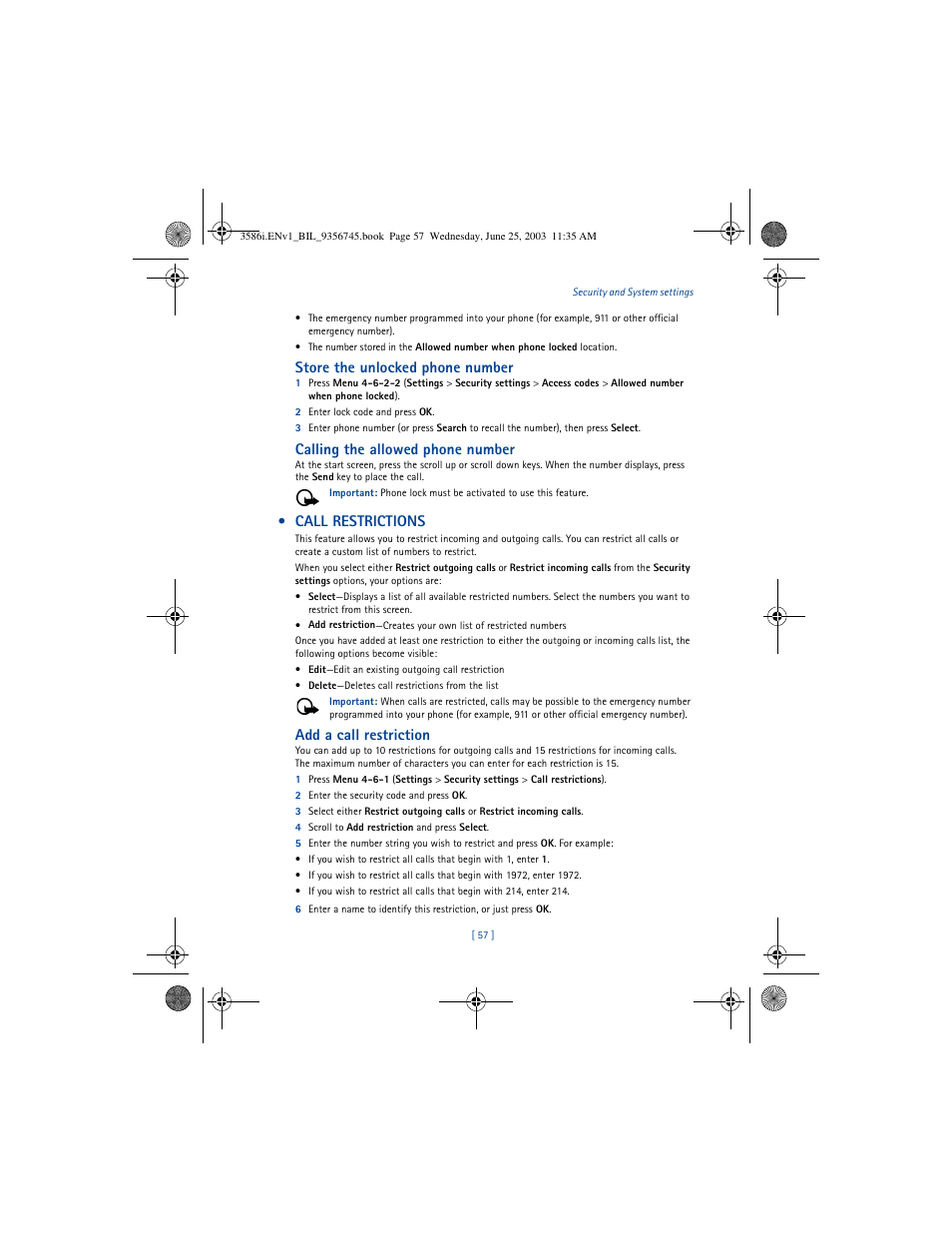 Store the unlocked phone number, Calling the allowed phone number, Call restrictions | Add a call restriction | Nokia 3586I User Manual | Page 61 / 200