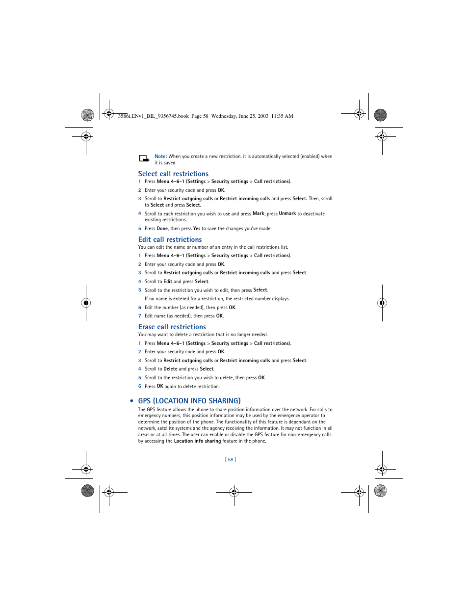 Select call restrictions, Edit call restrictions, Erase call restrictions | Gps (location info sharing) | Nokia 3586I User Manual | Page 62 / 200