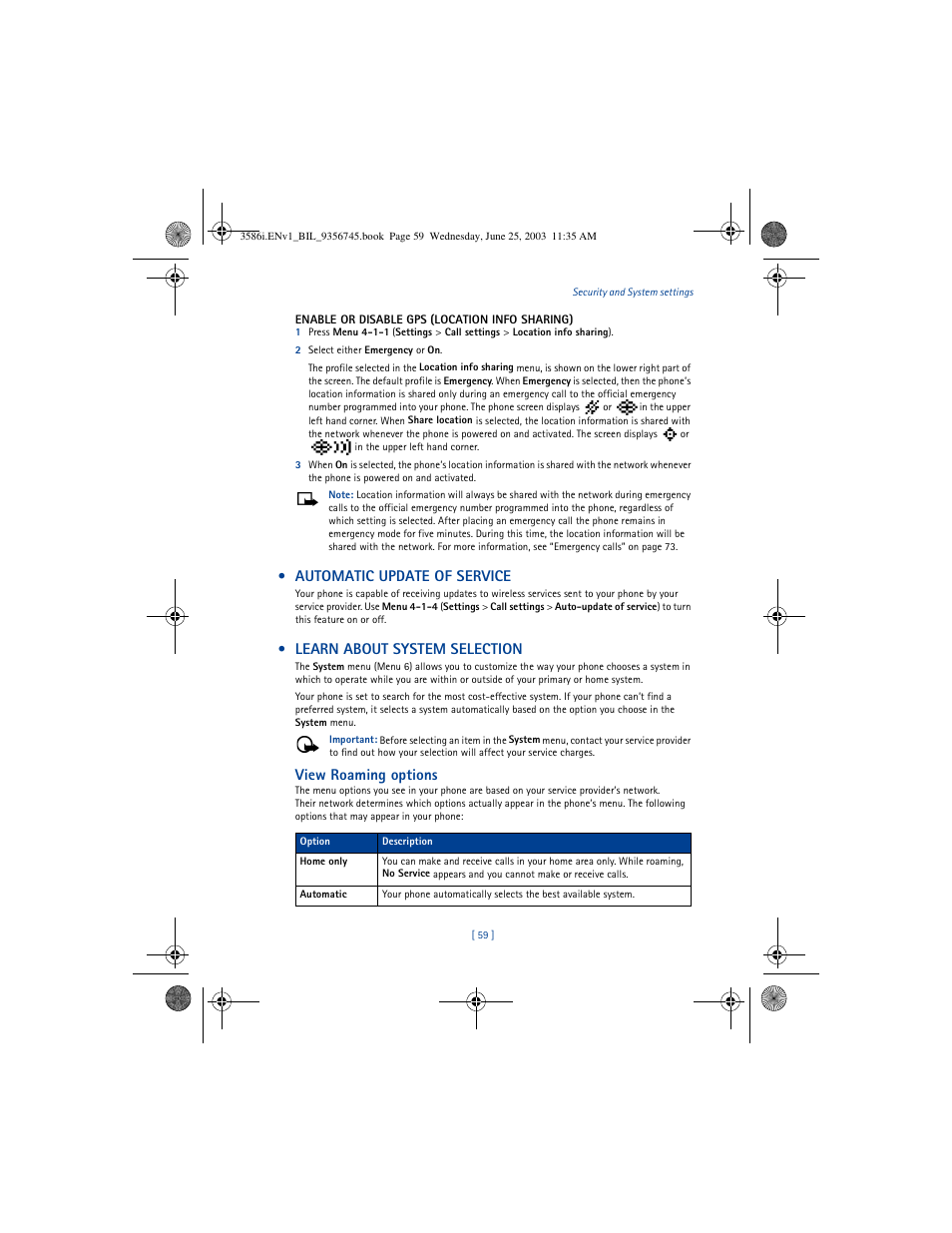 Automatic update of service, Learn about system selection, View roaming options | Nokia 3586I User Manual | Page 63 / 200