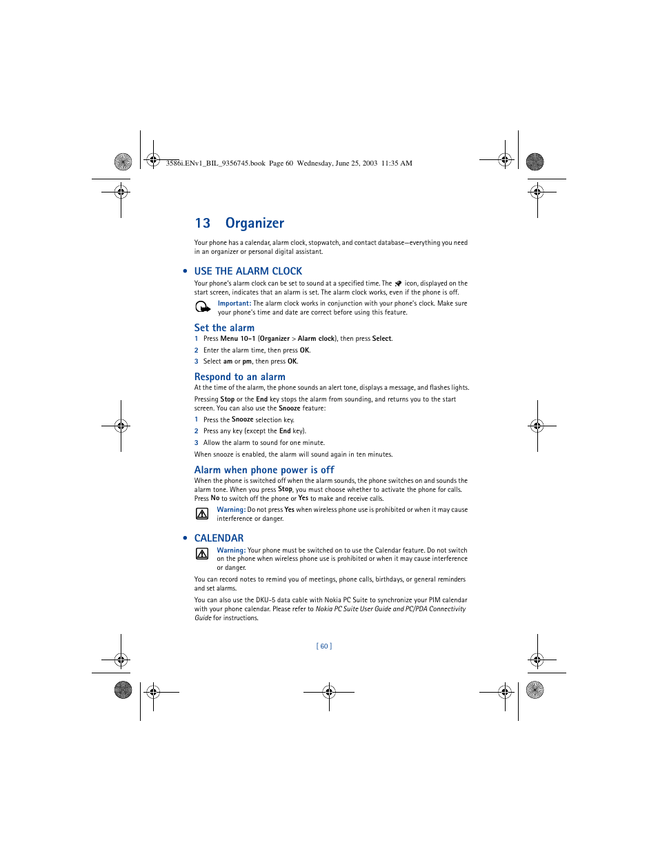 13 organizer, Use the alarm clock, Set the alarm | Respond to an alarm, Alarm when phone power is off, Calendar | Nokia 3586I User Manual | Page 64 / 200