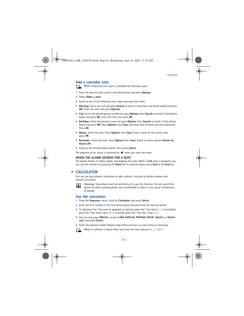 Calculator, Use the calculator | Nokia 3586I User Manual | Page 65 / 200