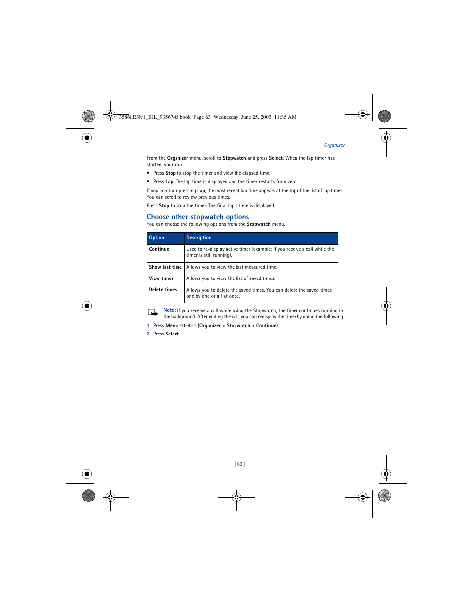Choose other stopwatch options | Nokia 3586I User Manual | Page 67 / 200