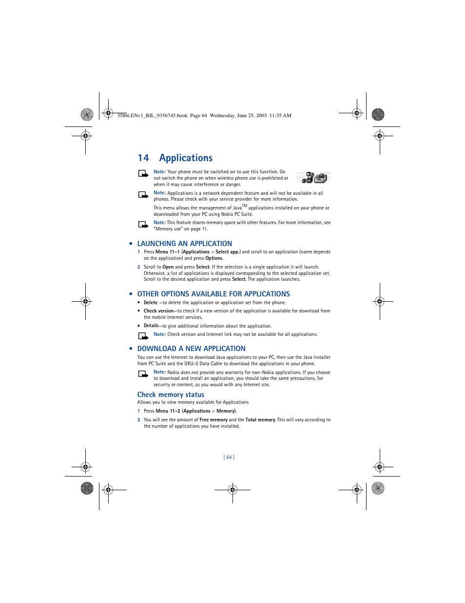 14 applications, Launching an application, Other options available for applications | Download a new application | Nokia 3586I User Manual | Page 68 / 200