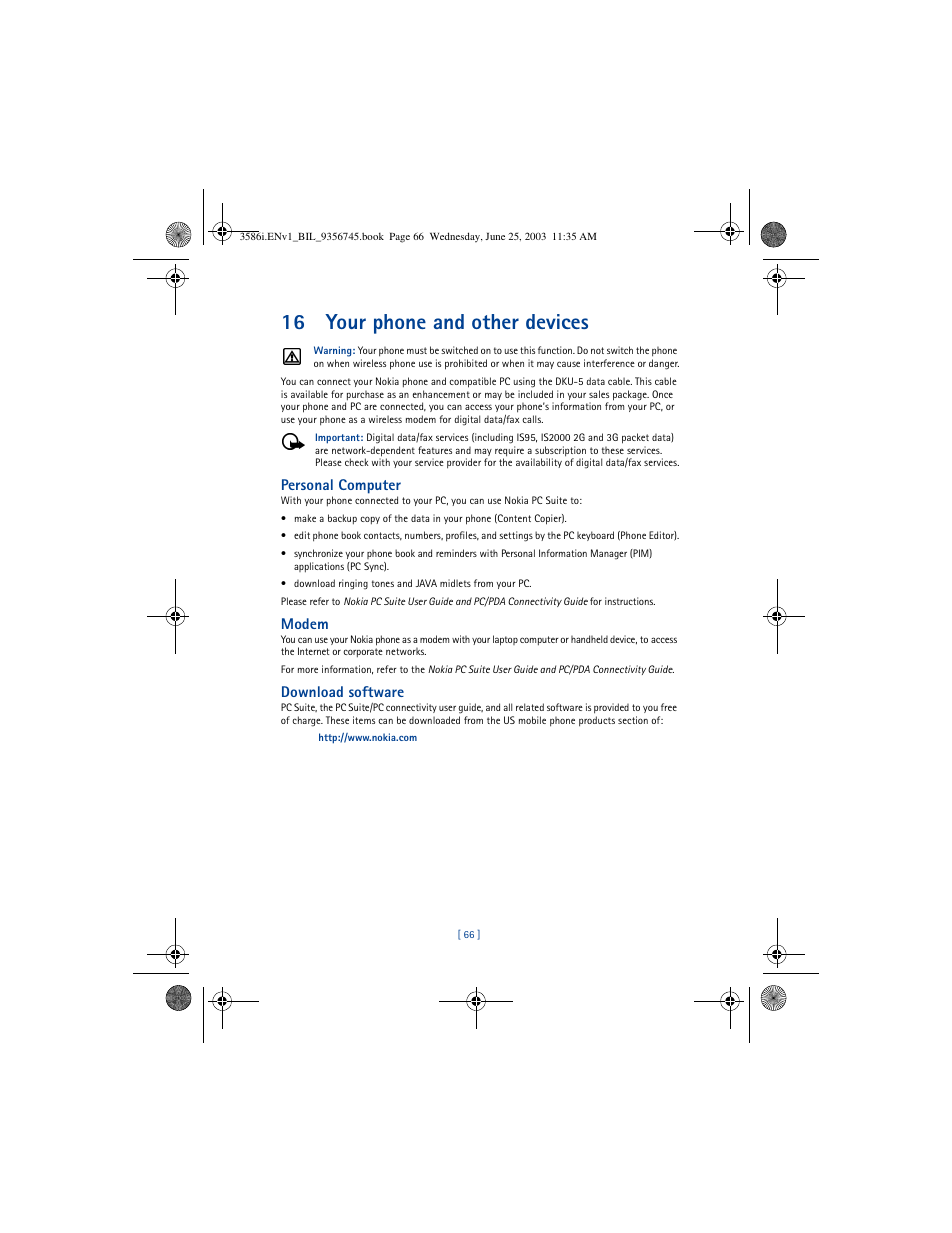 16 your phone and other devices, Personal computer, Modem | Download software | Nokia 3586I User Manual | Page 70 / 200