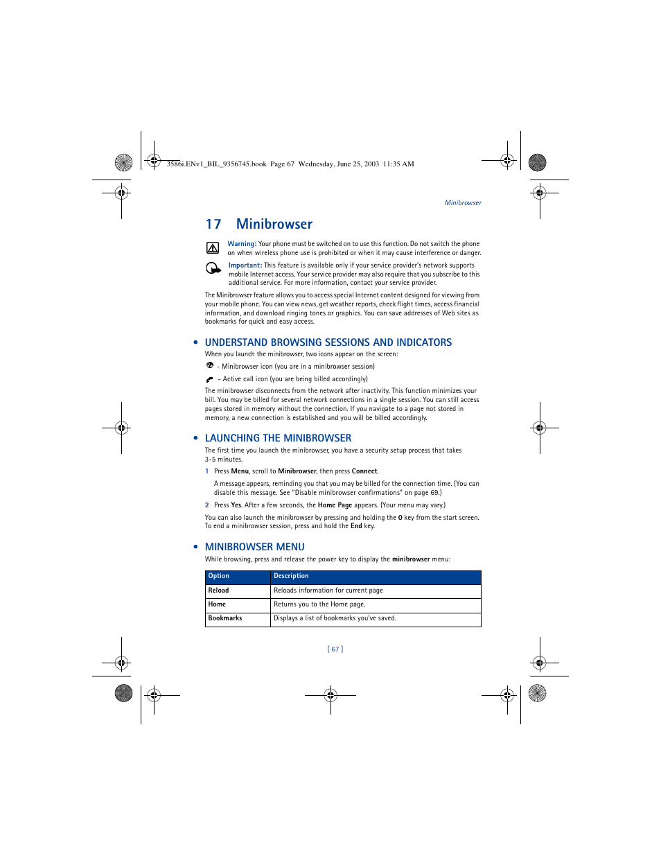 17 minibrowser, Understand browsing sessions and indicators, Launching the minibrowser | Minibrowser menu | Nokia 3586I User Manual | Page 71 / 200