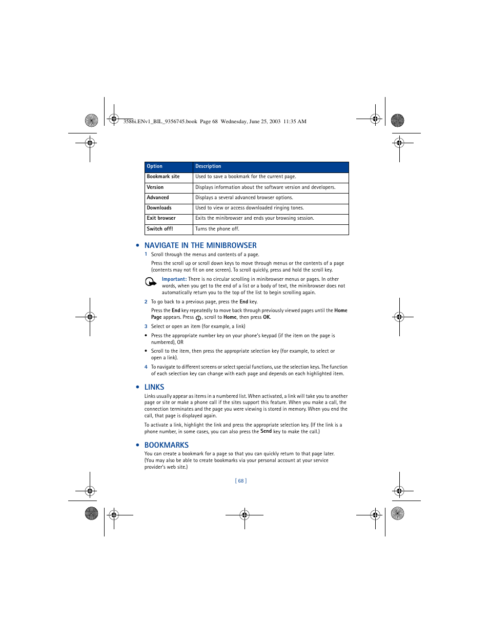 Navigate in the minibrowser, Links, Bookmarks | Nokia 3586I User Manual | Page 72 / 200