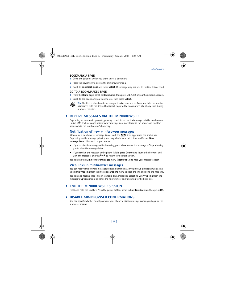 Receive messages via the minibrowser, Notification of new minibrowser messages, Web links in minibrowser messages | End the minibrowser session, Disable minibrowser confirmations | Nokia 3586I User Manual | Page 73 / 200