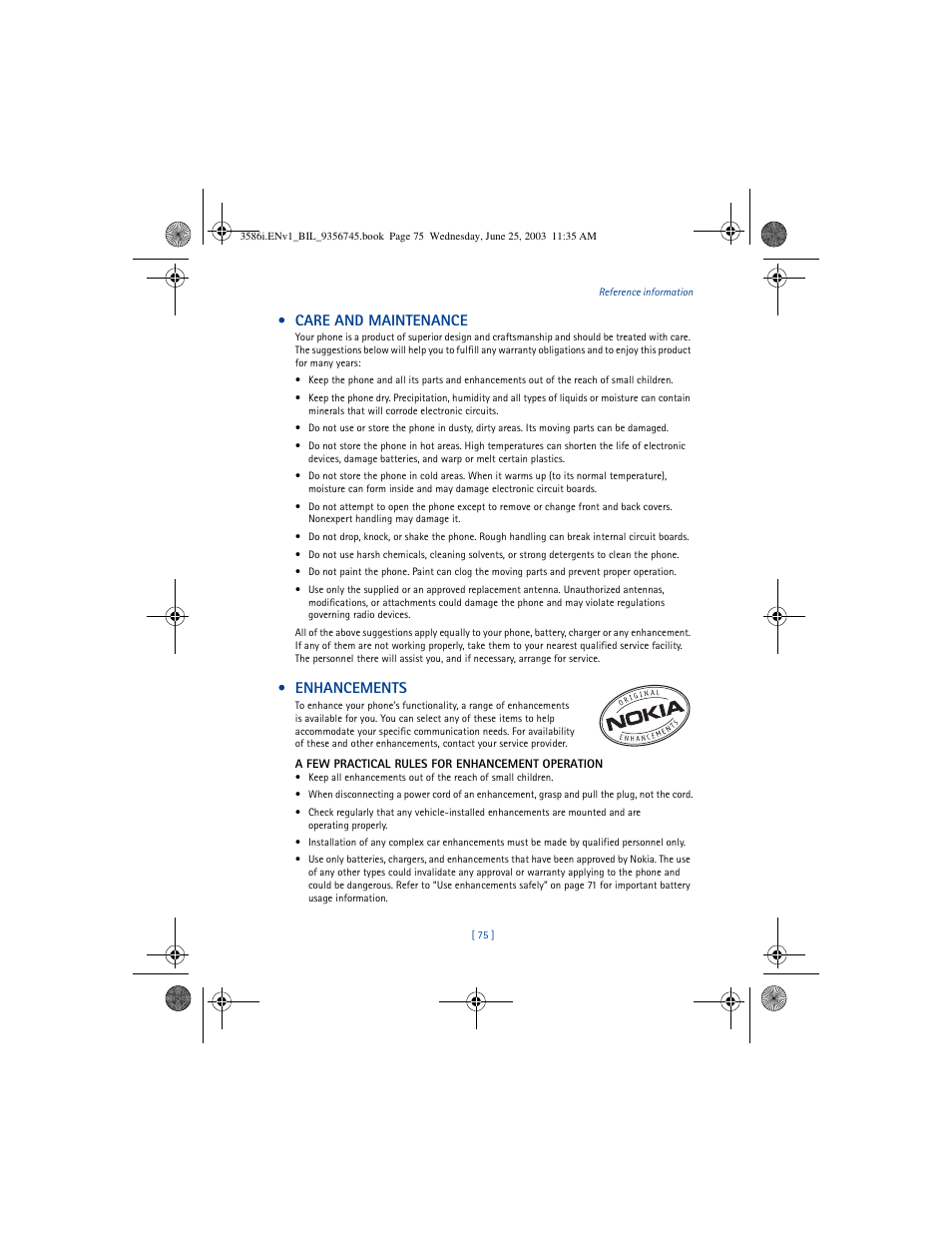 Care and maintenance, Enhancements | Nokia 3586I User Manual | Page 79 / 200