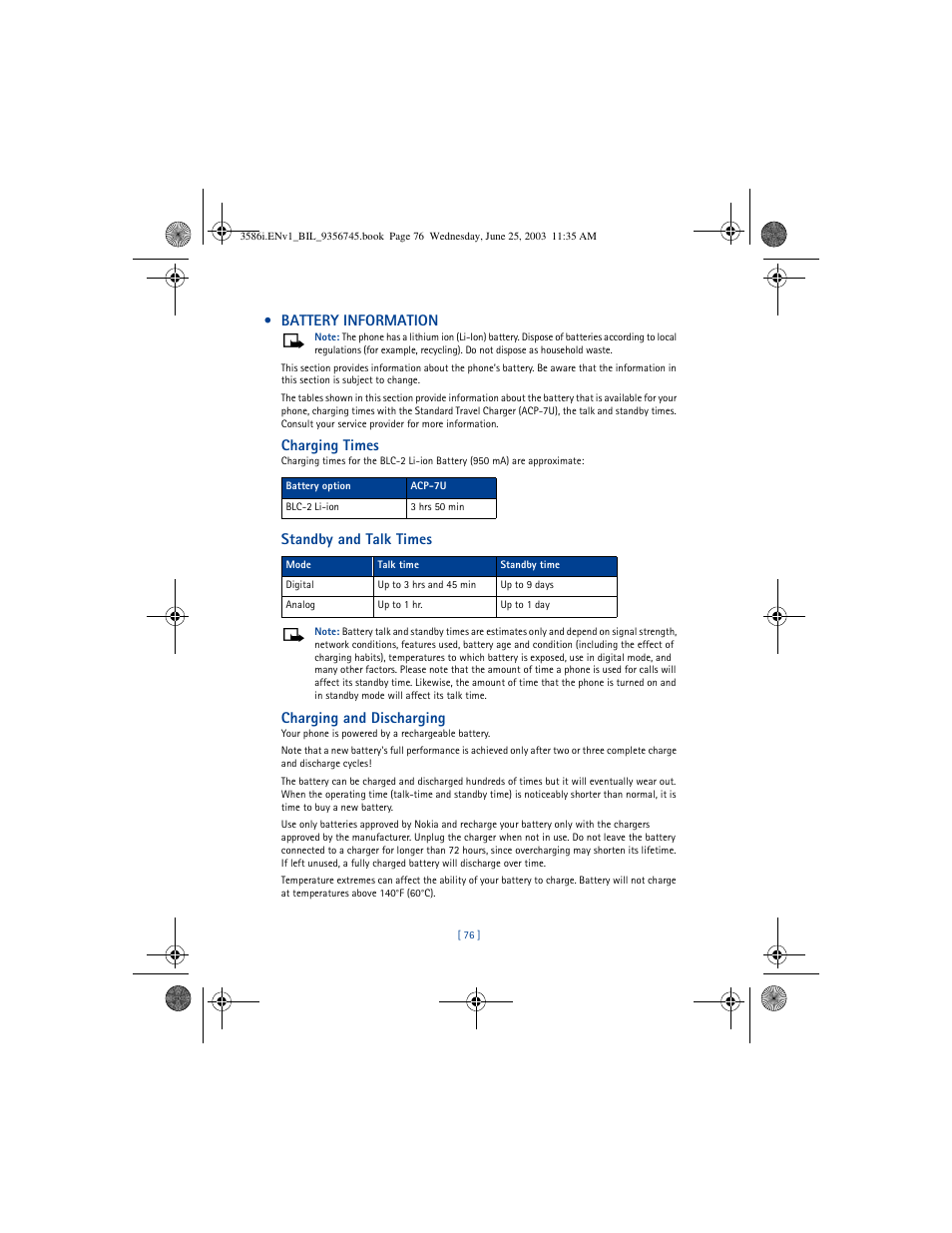 Battery information, Charging times, Standby and talk times | Charging and discharging | Nokia 3586I User Manual | Page 80 / 200