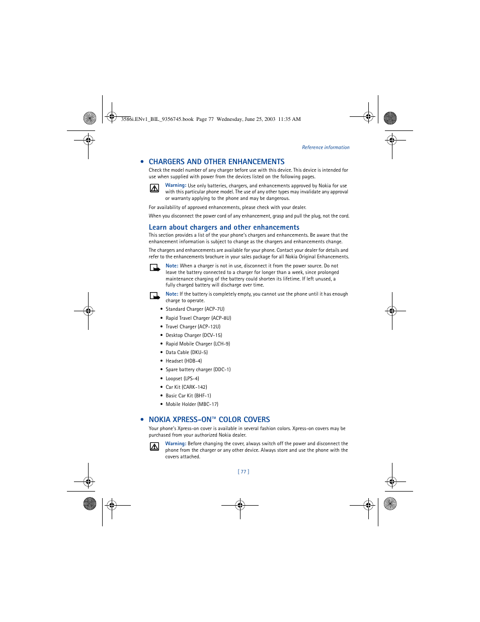 Chargers and other enhancements, Learn about chargers and other enhancements, Nokia xpress-on™ color covers | Nokia 3586I User Manual | Page 81 / 200